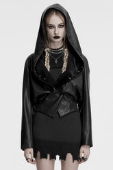 Schwarze Langarmjacke mit elastischer Taille und Kapuze aus Kunstleder für Damen im Punk-Stil